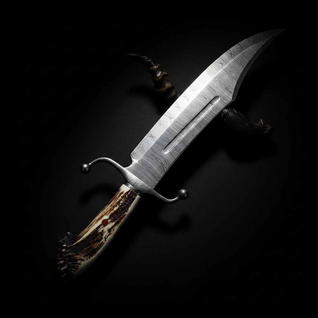 Damascus steel Bowie knife with stag crown handle moody editorial dark photography low-key dramatic lighting
