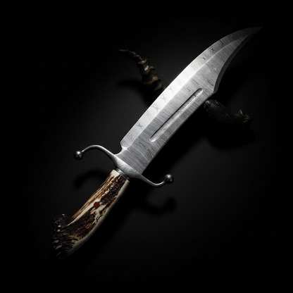 Damascus steel Bowie knife with stag crown handle moody editorial dark photography low-key dramatic lighting