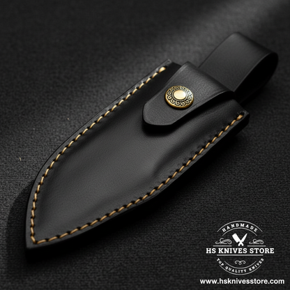 Close-up of black leather knife sheath with brass concho snap button and yellow cream stitching on dark charcoal background
