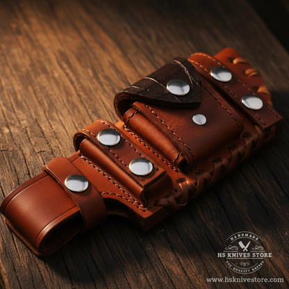 Close-up macro of rust cognac brown leather multi-pocket sheath with 3 accordion pockets and silver snap buttons and dark brown top flap and leather lacing