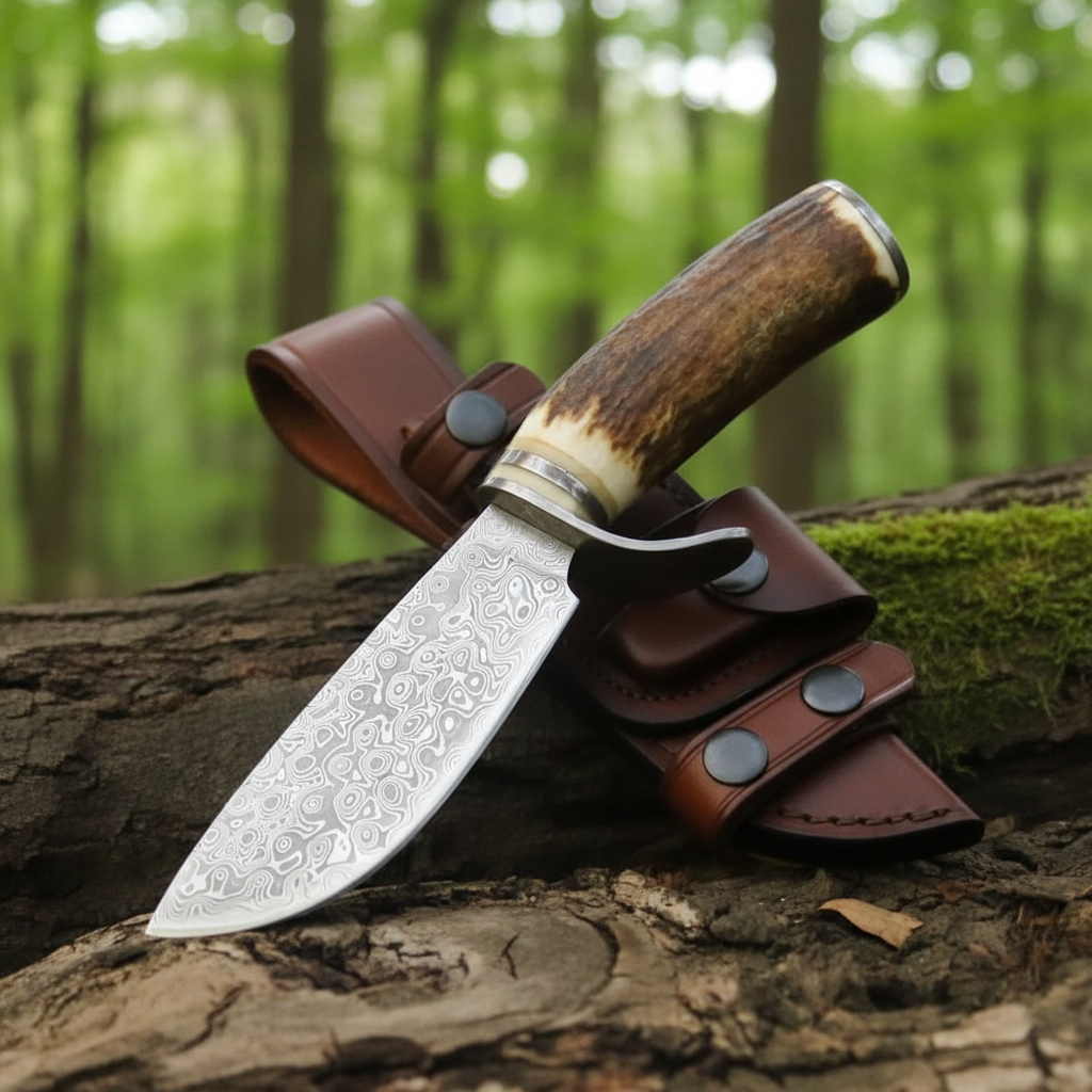 Damascus steel hunting knife with stag antler handle on mossy bark log outdoor forest setting natural daylight