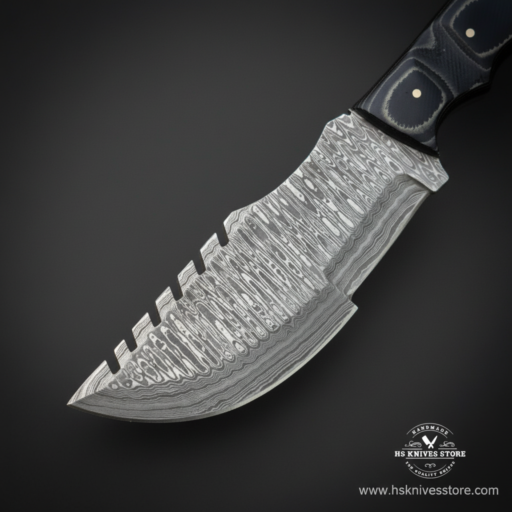 Close-up of Damascus steel tracker knife blade showing layered wavy pattern and serrated spine finger grooves
