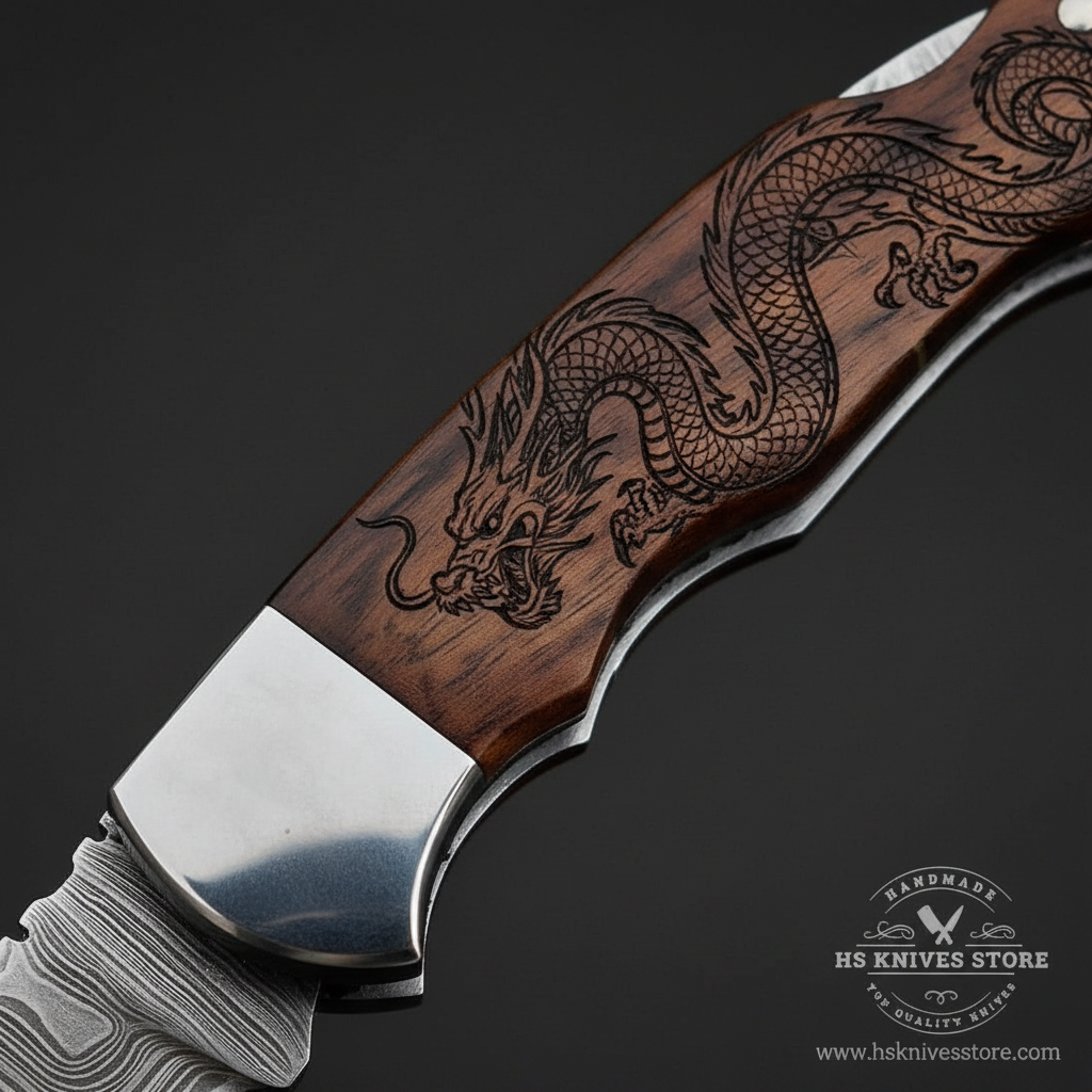 Close-up macro of dragon engraved rosewood handle showing detailed dragon scales claws and curling tail with silver rivets and steel bolster
