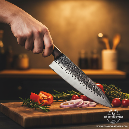 Hand gripping walnut wood handle carbon steel chef knife with hammered blade over rustic cutting board with fresh herbs lifestyle shot