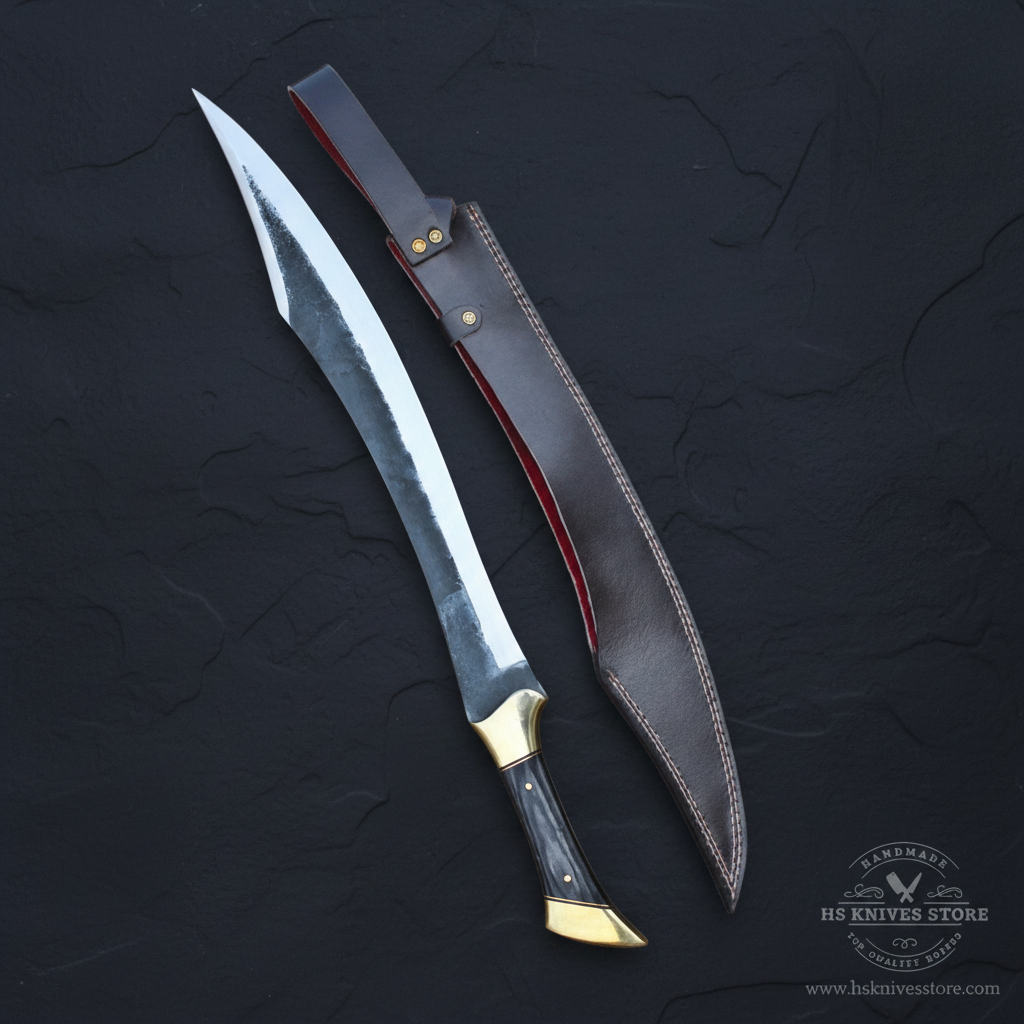 Vertical luxury display of a curved carbon steel Falcata collector blade with brown leather sheath