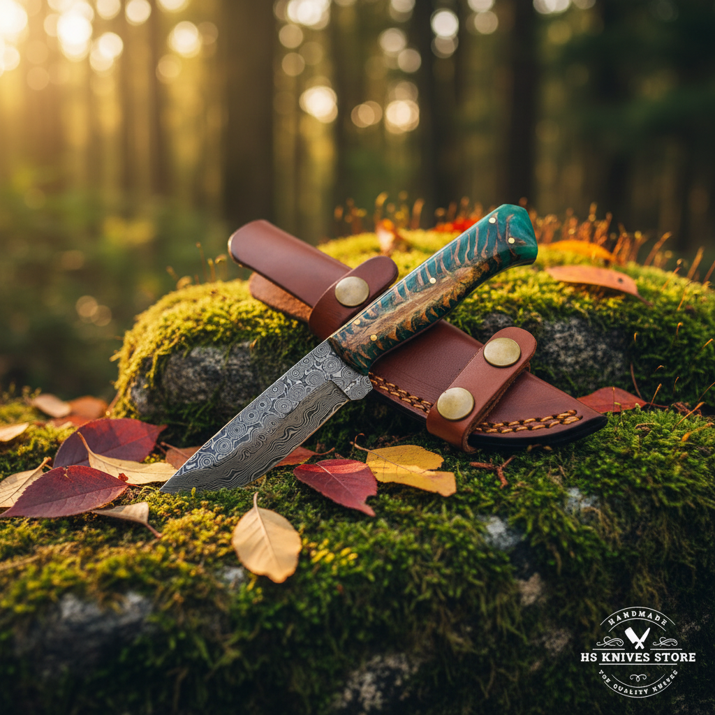 Damascus steel skinner knife with green resin pine cone handle and tan leather belt sheath on mossy rocks in forest setting