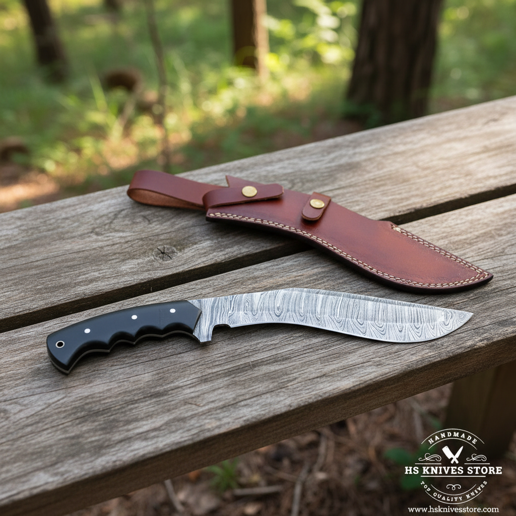 A fixed-blade knife with a patterned steel blade and black handle rests on a weathered wooden bench, with its brown leather sheath nearby. The background shows a blurred outdoor forest setting.