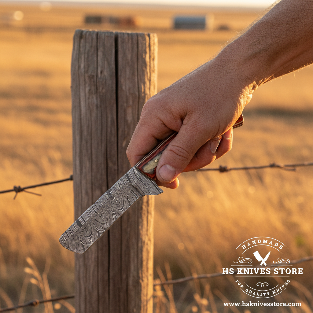 A hand holds a Damascus steel utility knife with a reddish-brown handle in front of a rustic wooden fence post and barbed wire, set against a warm, golden field at sunset. A 'HS Knives Store' logo is visible in the bottom right corner.