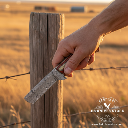 A hand holds a Damascus steel utility knife with a reddish-brown handle in front of a rustic wooden fence post and barbed wire, set against a warm, golden field at sunset. A 'HS Knives Store' logo is visible in the bottom right corner.