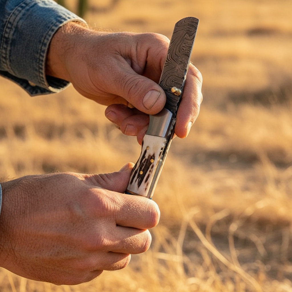 Ranch hands opening Damascus folding bull cutter knife stag horn blue wood handle desert outdoor action shot