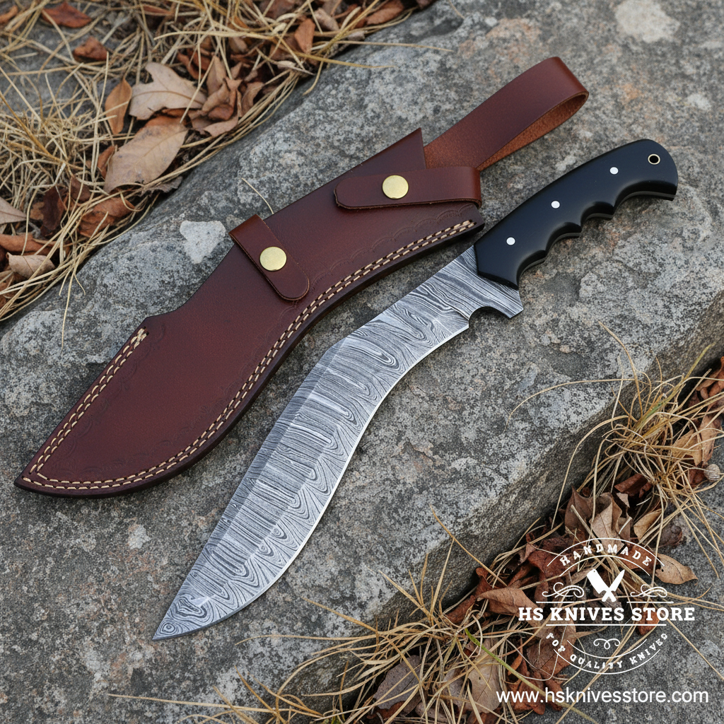 A fixed-blade knife with a patterned Damascus-style steel blade and black handle, shown next to a brown leather sheath on a stone surface with dry leaves. A watermark for HS Knives Store is visible in the lower right corner.