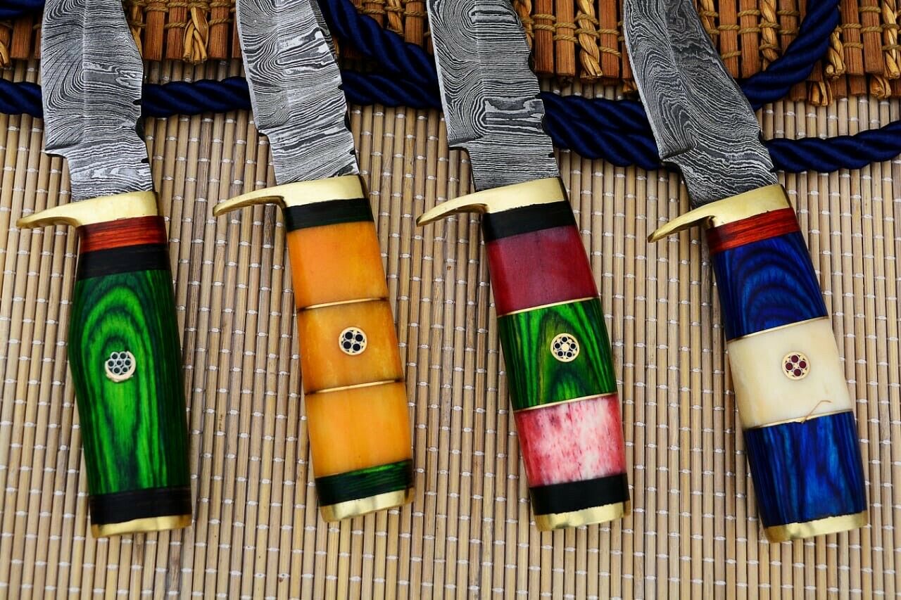 HS-804 Cutlery | Six Inch Custom Handmade Damascus Skinner Knife Lot of Four Pecs With Different Handles