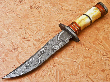 Custom Handmade Damascus Hunting Knife With Bone Handle