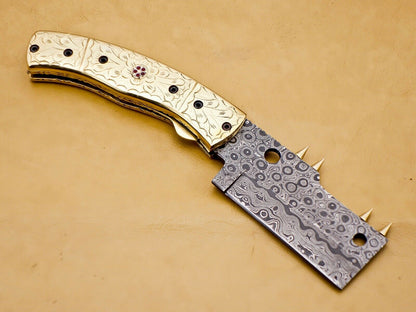 Custom Handmade Damascus Folding-Pocket Knife With Brass Engraved Handle