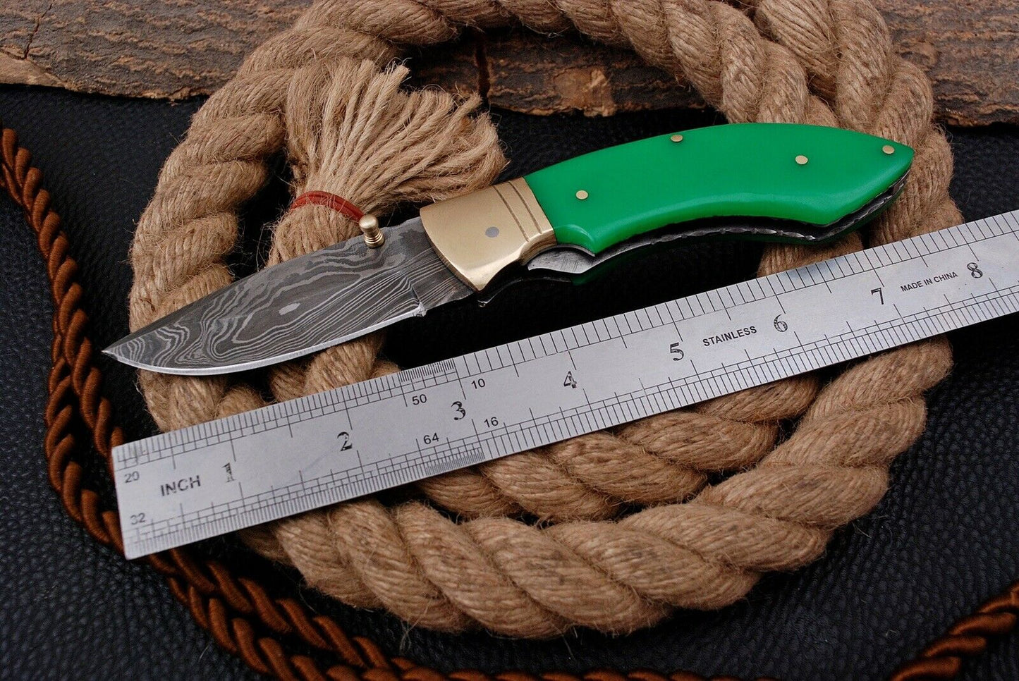 Custom Handmade Damascus Folding-Pocket Knife With Green Sheet Handle