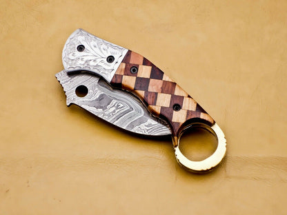 Custom Handmade Damascus Folding-Pocket Engraved Knife With Wood Handle & Pocket Clip