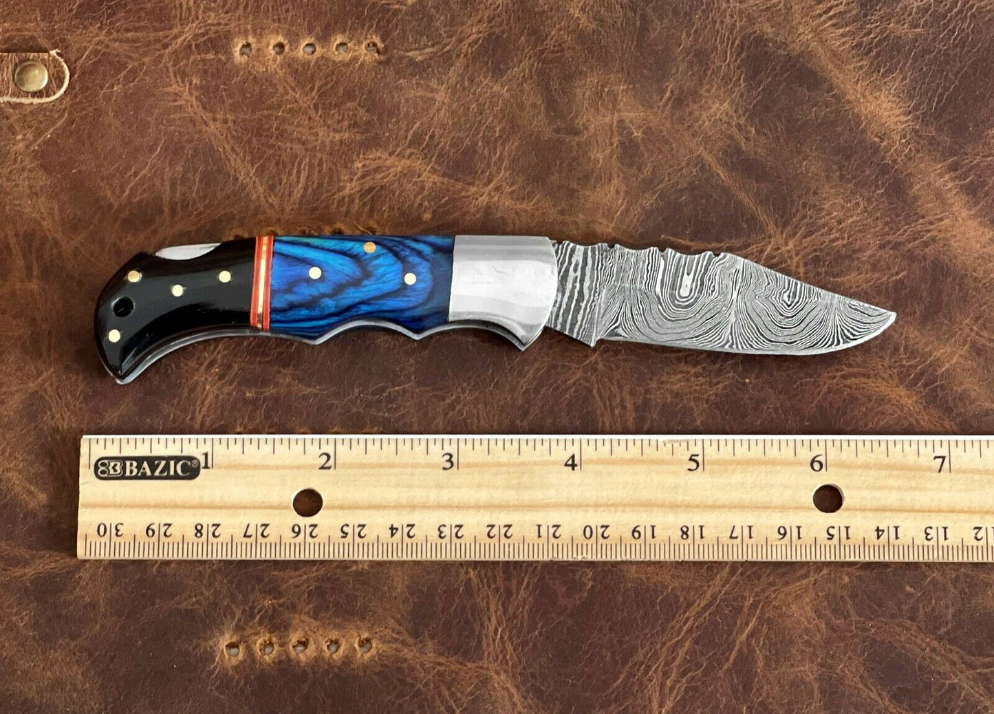 Custom Handmade Damascus Steel Back-Lock Pocket | Folding Knife | Leather Sheath- Different Handle