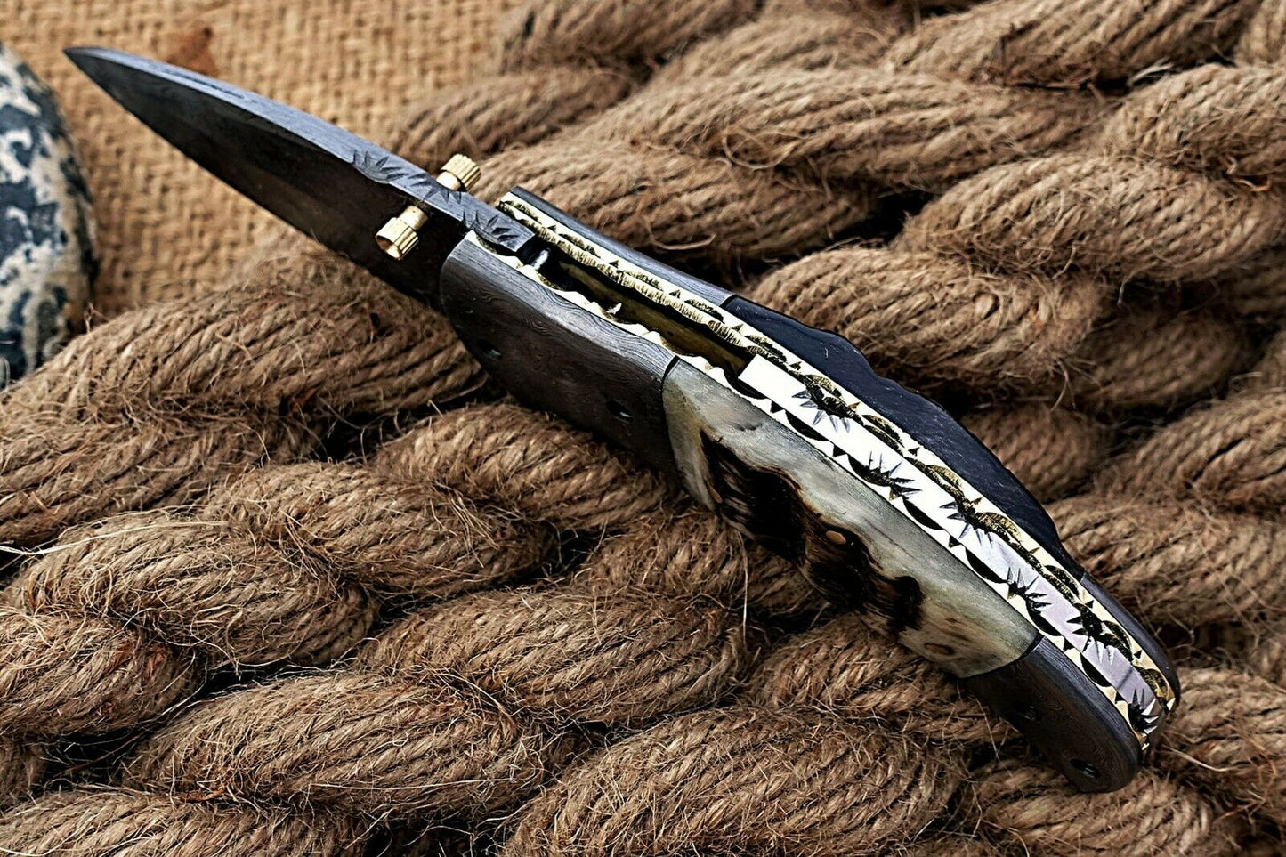Custom Handmade Damascus Folding-Pocket Knife With Ram Horn Handle