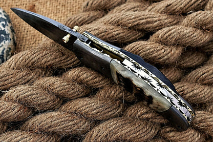 Custom Handmade Damascus Folding-Pocket Knife With Ram Horn Handle