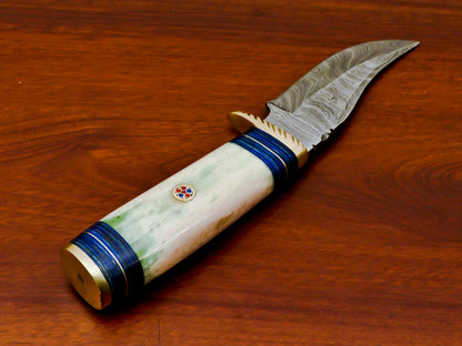 HS-477 8 Inch Custom Handmade Damascus Skinner/Hunting Knife With Camel Bone Handles
