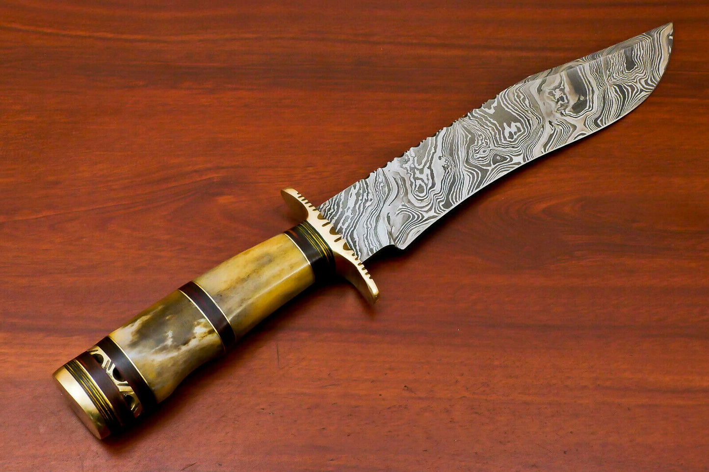 HS-489 Custom Handmade Damascus Bowie-Hunting Knife With Camel Bone Handle