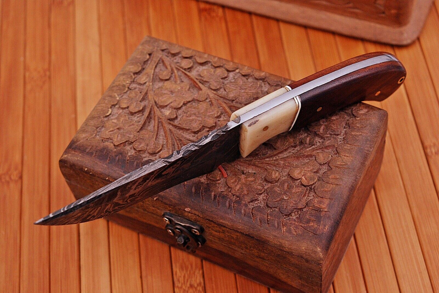 HS-789 Custom Handmade Damascus Skinner Knife With Wood & Bone Handle