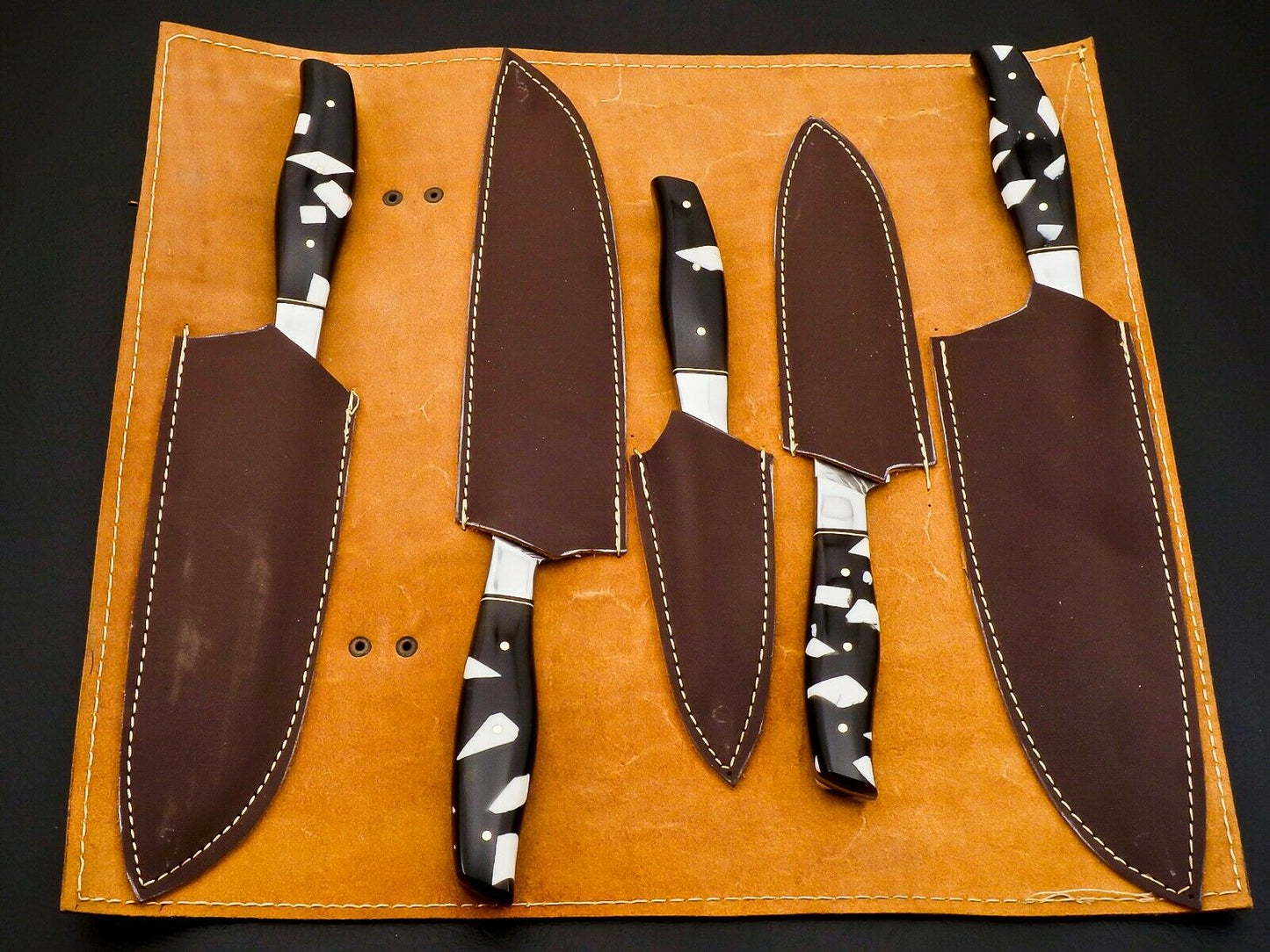 HS-100 Handmade Damascus Steel Chef Knife Set – Full Tang, 288 Layers, Leather Sheath