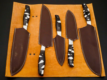 HS-100 Handmade Damascus Steel Chef Knife Set – Full Tang, 288 Layers, Leather Sheath