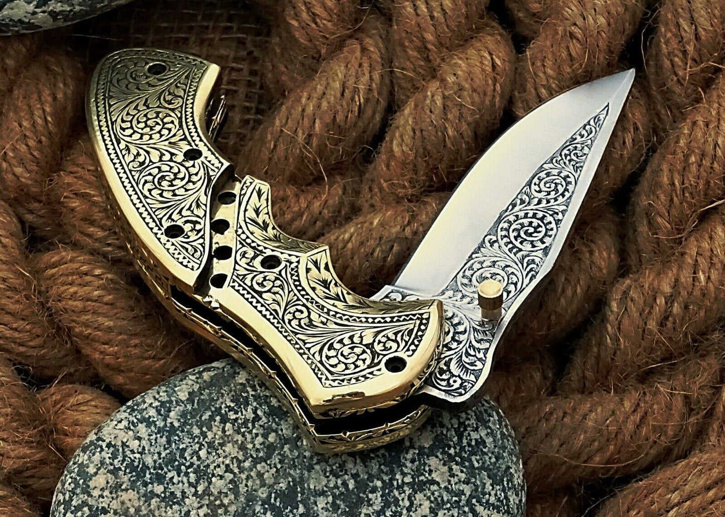 Custom Hand Engraved Folding-Pocket Knife Life Time Used With Brass Engraved Handle