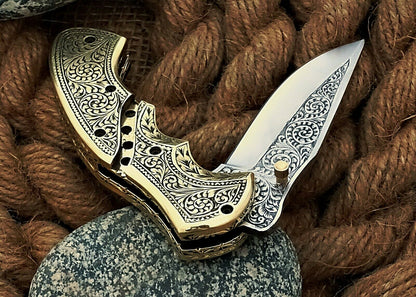 Custom Hand Engraved Folding-Pocket Knife Life Time Used With Brass Engraved Handle
