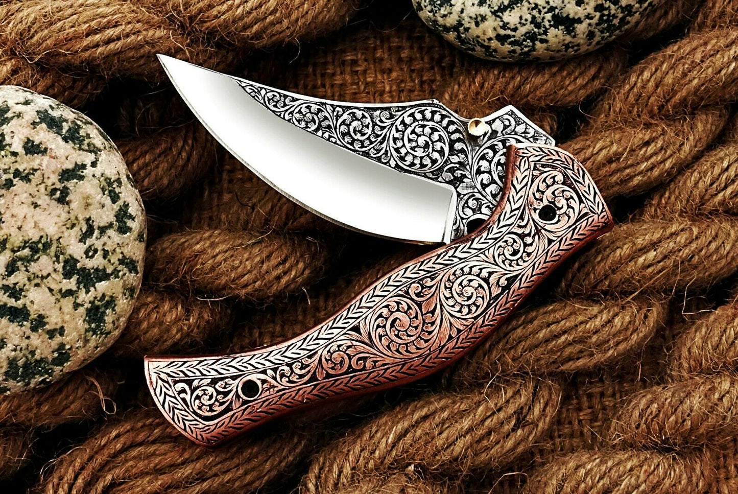 Custom Hand Engraved Folding-Pocket Knife Life Time Used With Copper Engraved Handle