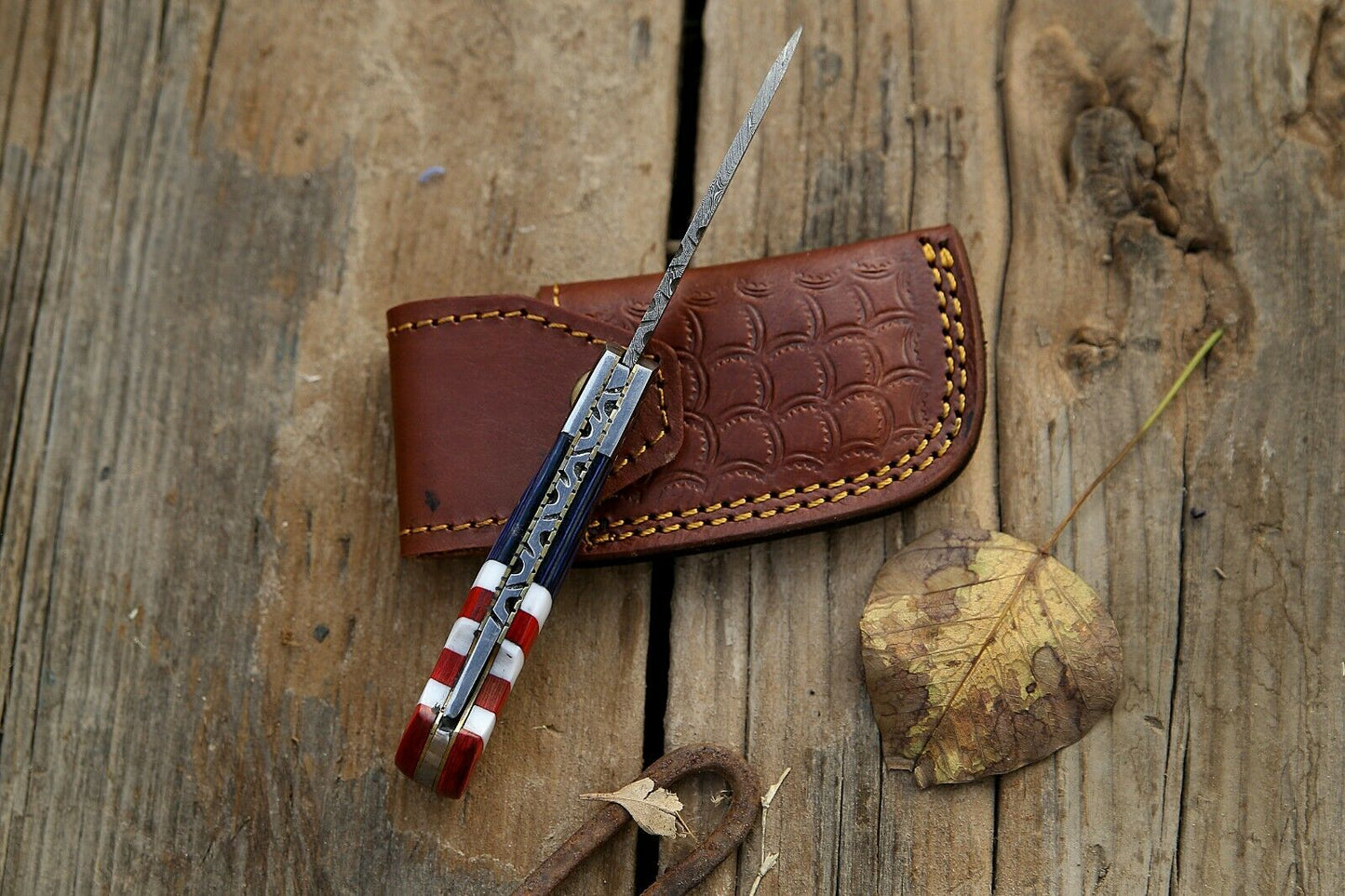 Custom Handmade Damascus Folding-Pocket Knife With American Flag Handle