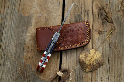 Custom Handmade Damascus Folding-Pocket Knife With American Flag Handle