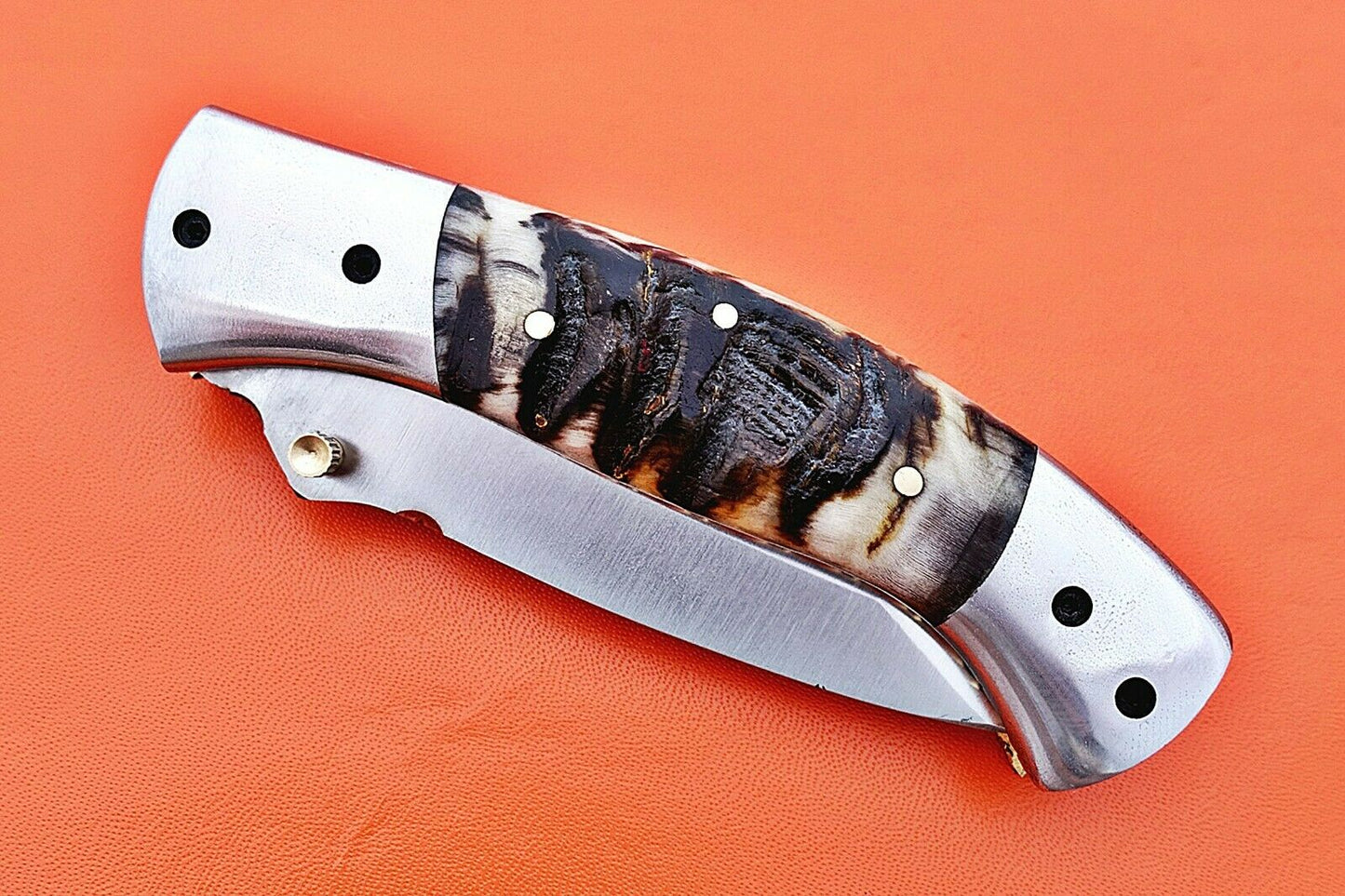 Custom Handmade Stainless Steel Bolsters Folding-Pocket Knife With Ram Horn Handle
