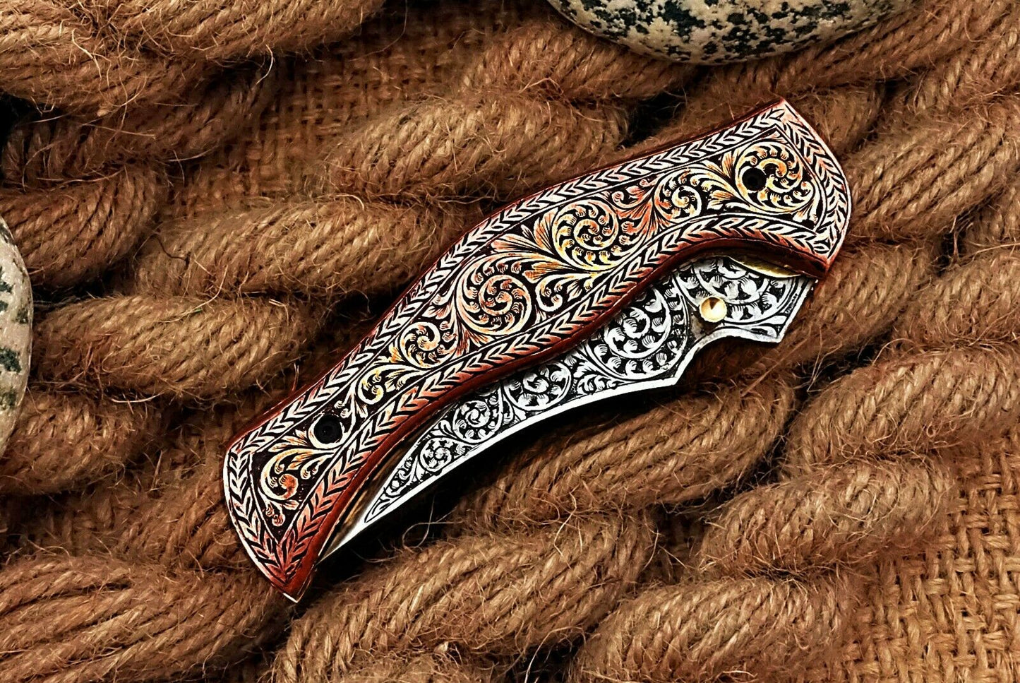 Custom Hand Engraved Folding-Pocket Knife Life Time Used With Copper Engraved Handle