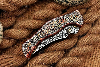 Custom Hand Engraved Folding-Pocket Knife Life Time Used With Copper Engraved Handle
