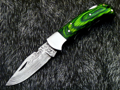 HS-1118 '' CUSTOM HANDMADE DAMASCUS BLADE POCKET FOLDING KNIFE - HARD WOOD HANDLE