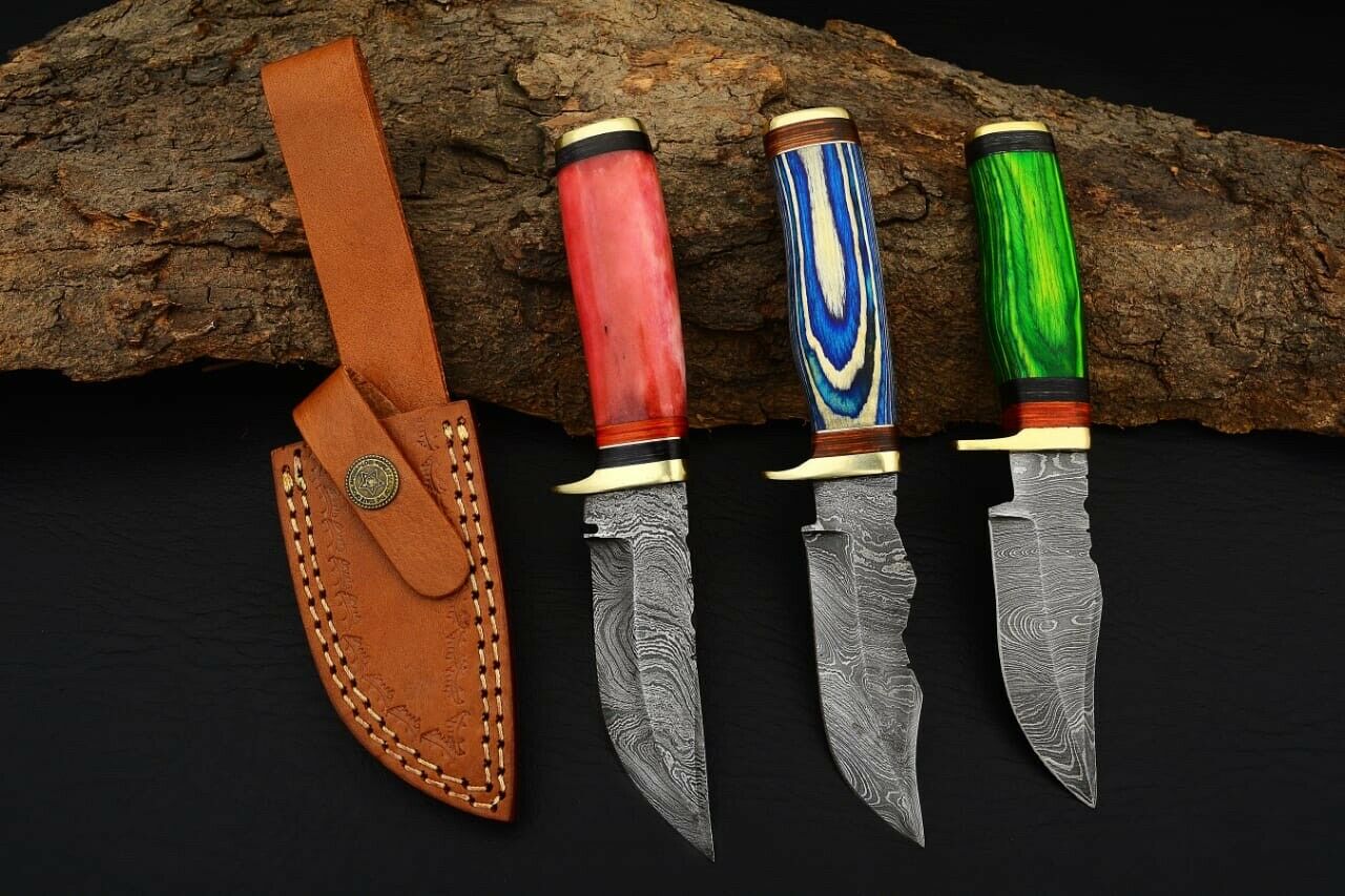 HS Deal 04 -  8 Inch Custom Handmade Damascus Skinner Knife Lot of 3 Pecs With Different Handles