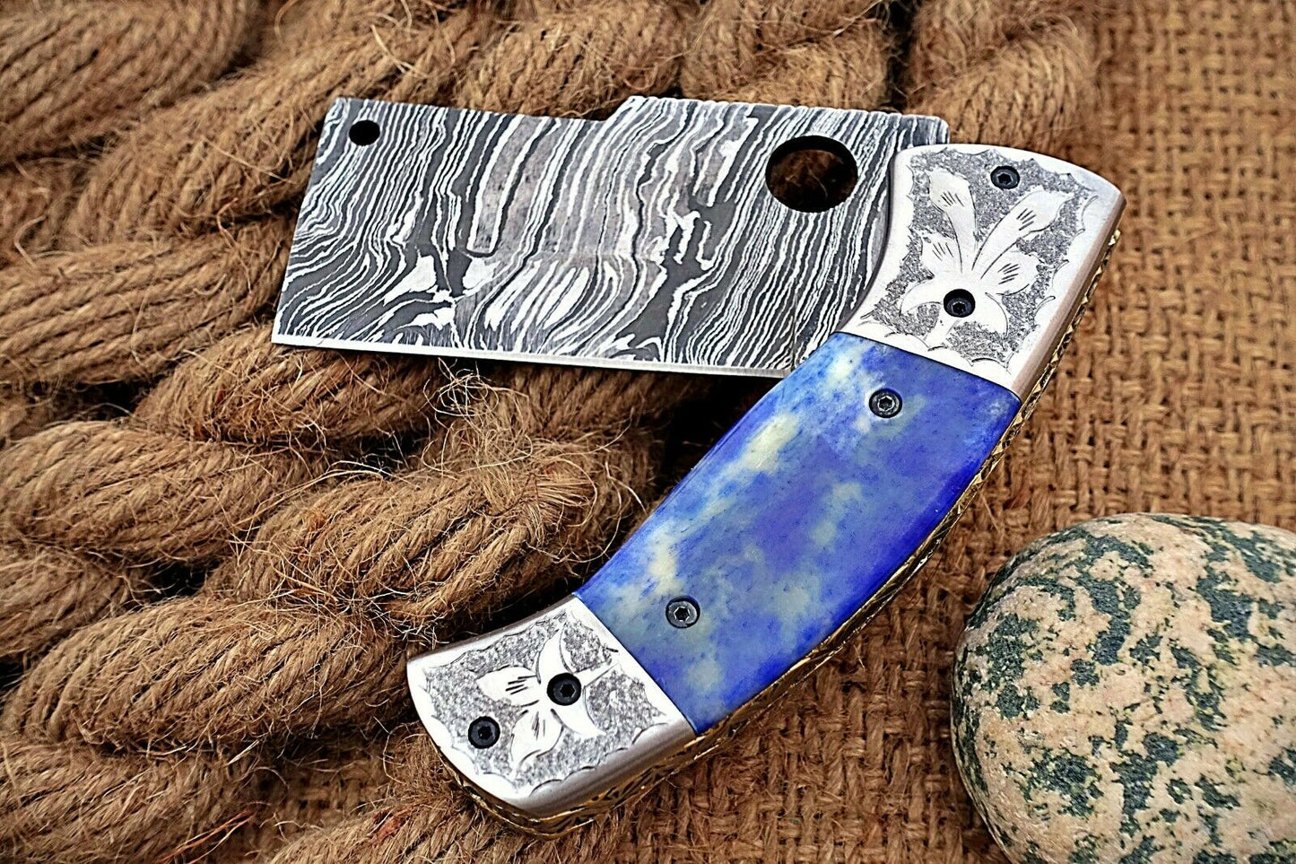 Custom Handmade Damascus Folding-Pocket Knife With Camel Bone Handle