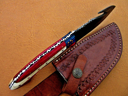 HS-774 Custom Handmade Damascus Skinner Knife With Camel Bone & Hard Wood Handle