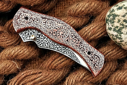 Custom Hand Engraved Folding-Pocket Knife Life Time Used With Copper Engraved Handle