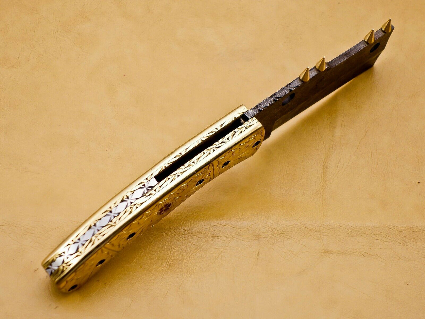 Custom Handmade Damascus Folding-Pocket Knife With Brass Engraved Handle