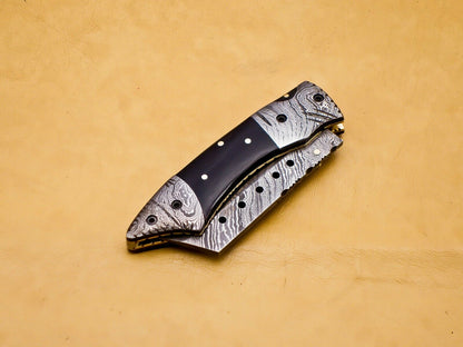Custom Handmade Damascus Folding-Pocket Knife With Buffalo Horn Handle