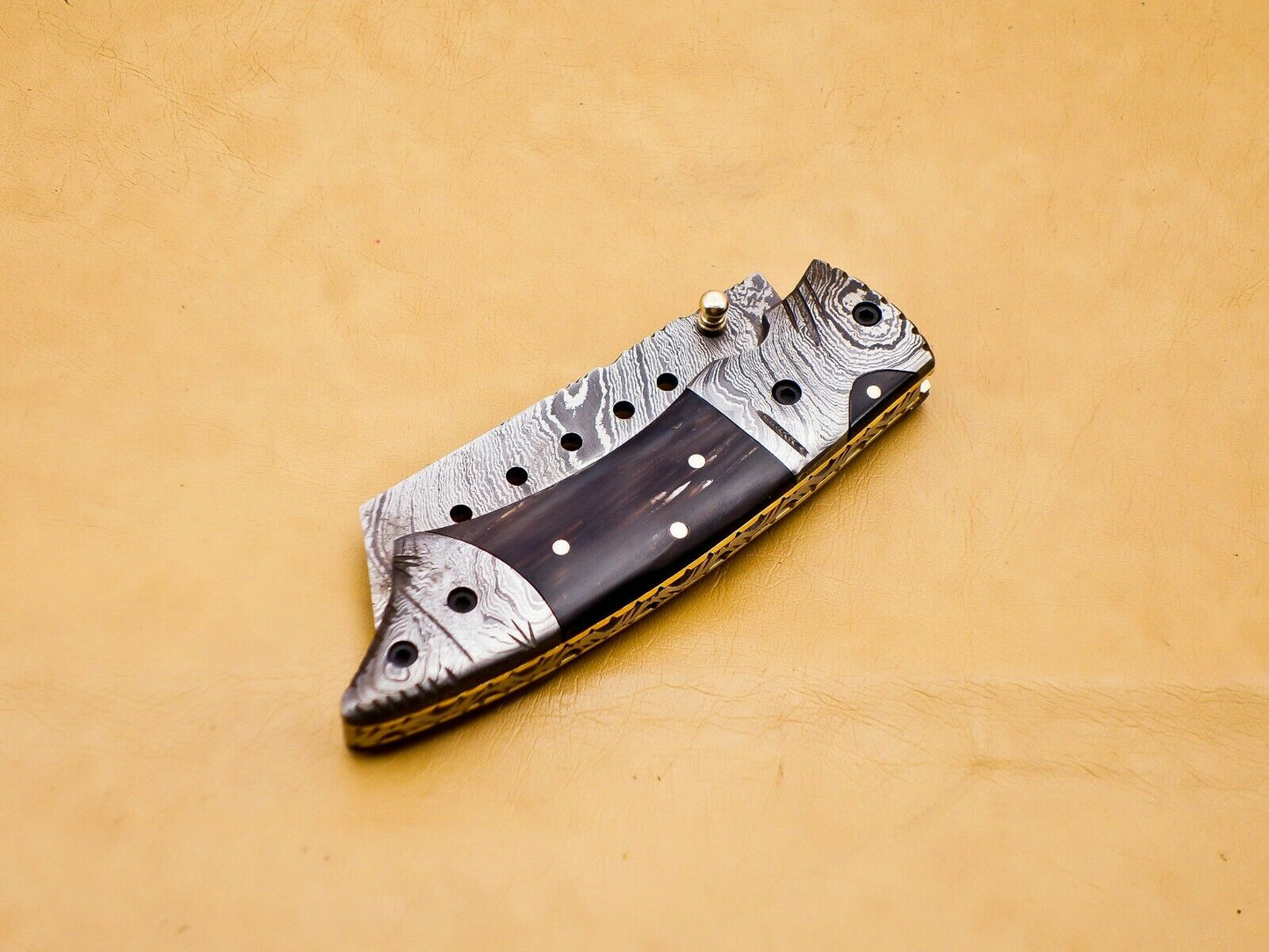Custom Handmade Damascus Folding-Pocket Knife With Buffalo Horn Handle