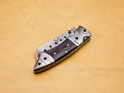 Custom Handmade Damascus Folding-Pocket Knife With Buffalo Horn Handle