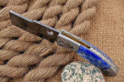 Custom Handmade Damascus Folding-Pocket Knife With Camel Bone Handle
