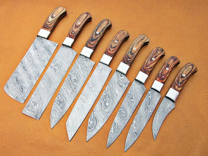 HS-195 Custom Handmade Damascus Kitchen Knives With Natural Wood Handle