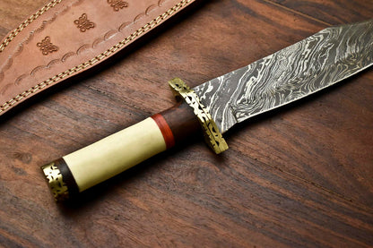 HS-332 | Custom Handmade Damascus Steel Hunitng/Bowie Knife - Camel Bone Handle