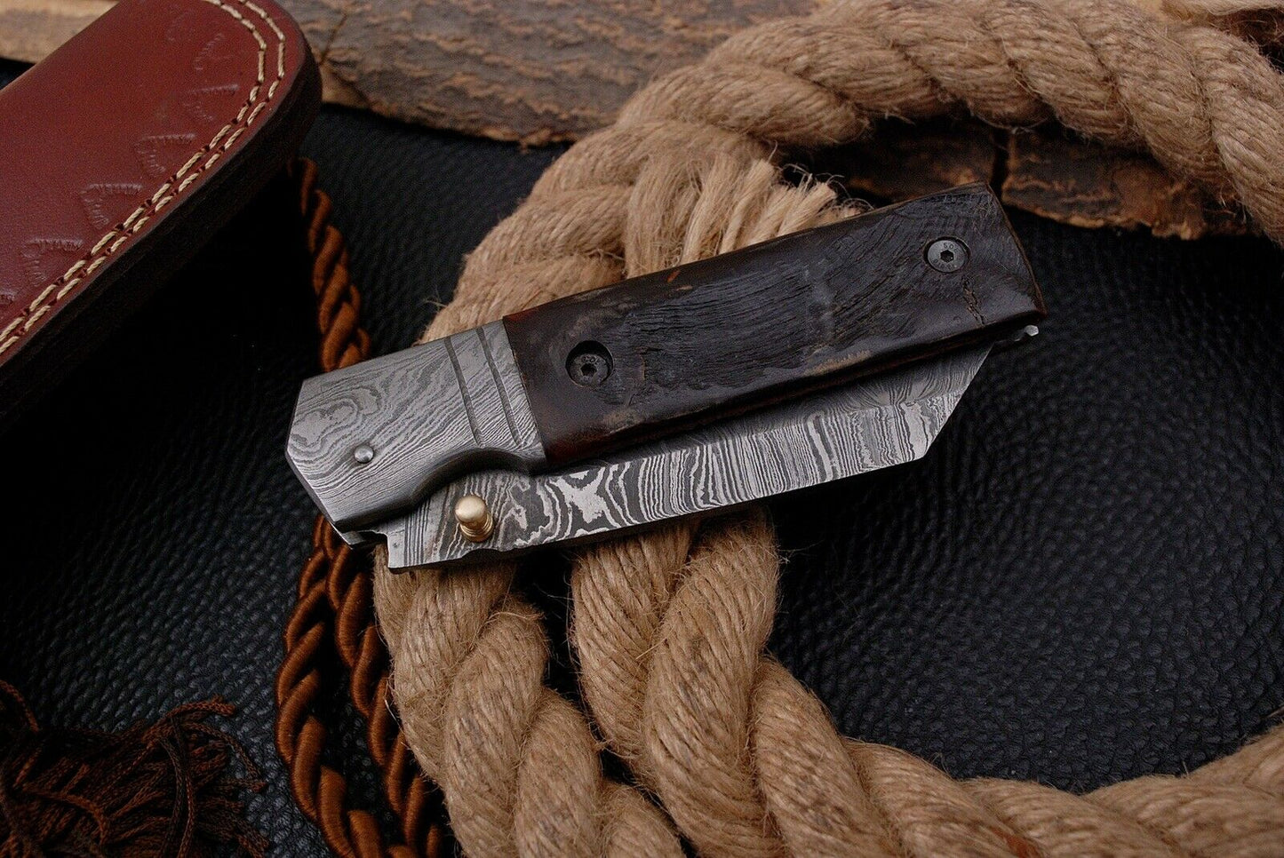Custom Handmade Damascus Folding-Pocket Knife With Tanto Blade