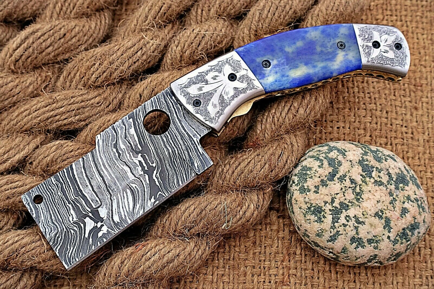 Custom Handmade Damascus Folding-Pocket Knife With Camel Bone Handle